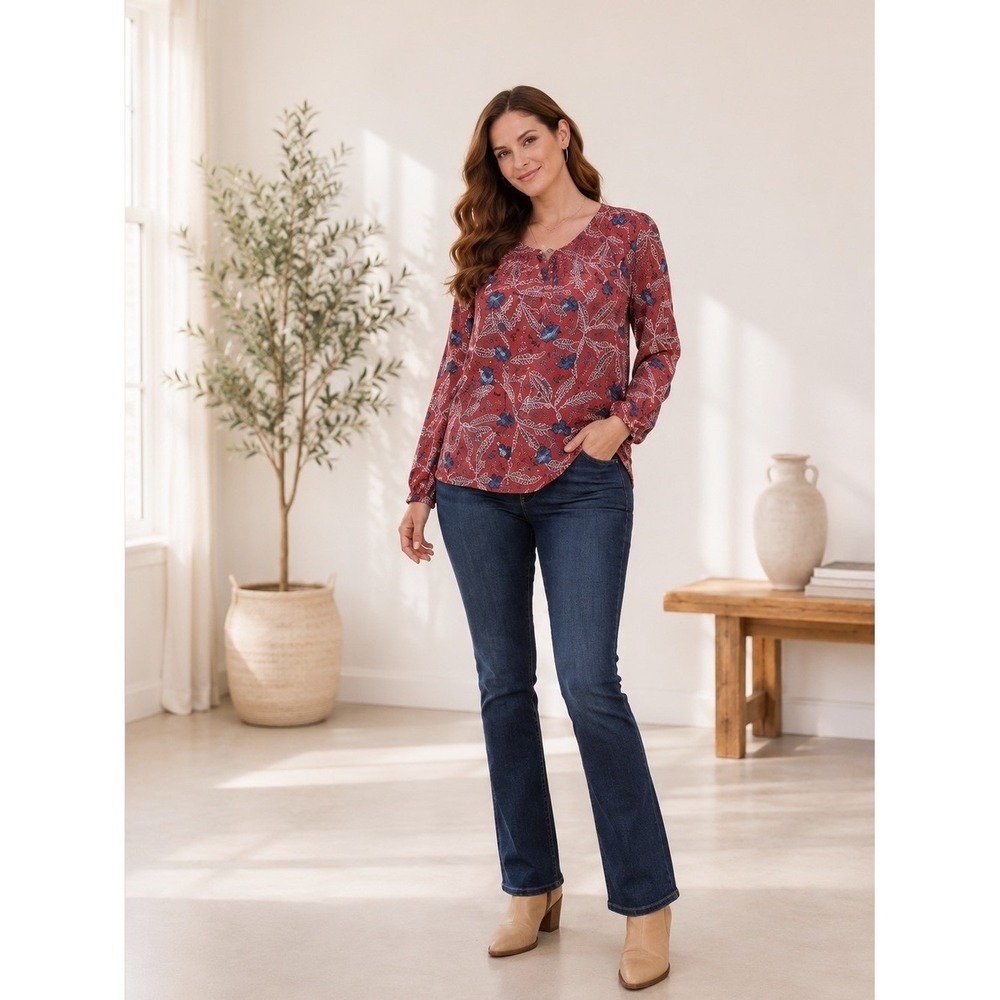 Rose & Olive Red Blue Floral Blouse Size M Long Sleeve Boho Lightweight